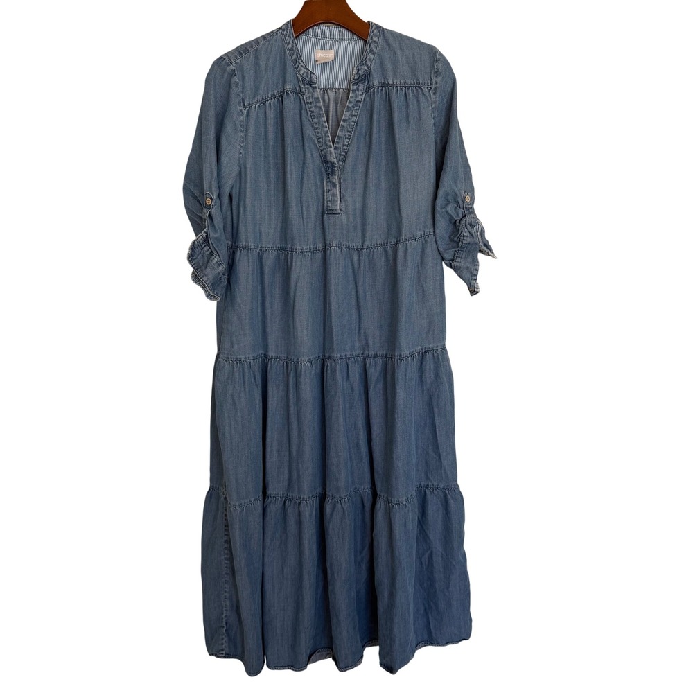Chico's Blue Chambray Tiered Maxi Dress in Tencel Size 0.5 US6 Roll Tab Sleeves - Picture 2 of 8